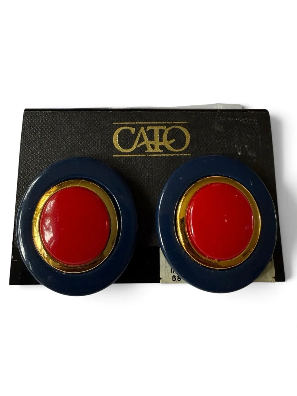 Vintage Cato Button‑Style Oval Clip‑On Earrings – Navy, Gold & Red